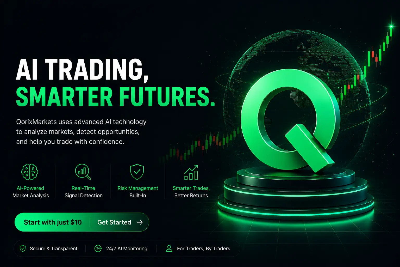 AI trading dashboard with neon green candles and order flow